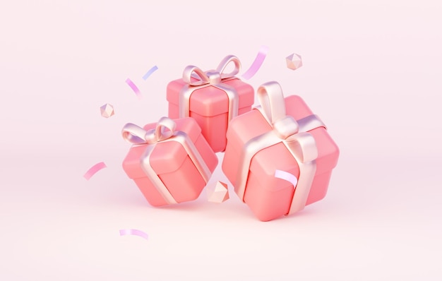 3D rosa Geschenkboxen mit goldenen Schleifen zum Geburtstag mit Konfetti und drei Geschenken auf pastellfarbenem Hintergrund