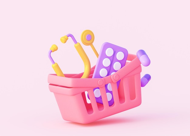 3D rosa Korb Konzept Online-Apotheke