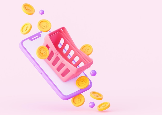 3D rosa Korb mit verstreuten Münzen auf einem rosa Hintergrund