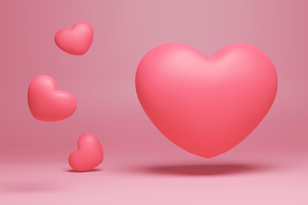 3D-Rosa-Liebesherz, das auf einem rosa Hintergrund schwebt und fällt. Liebesgrußkarte