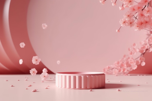 3D-Rosa-Podium mit fallenden Sakura-Blüten, perfekt für die Werbung für Kosmetik- oder Schönheitsprodukte. Minimalistisches Design mit Kopierraum und einem blumigen Pastellsockel