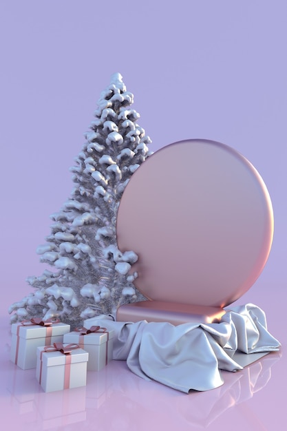 3D rosa Podium Weihnachtsbaum und Geschenkboxen Festliche Wintervorlage für Design Frohes neues Jahr