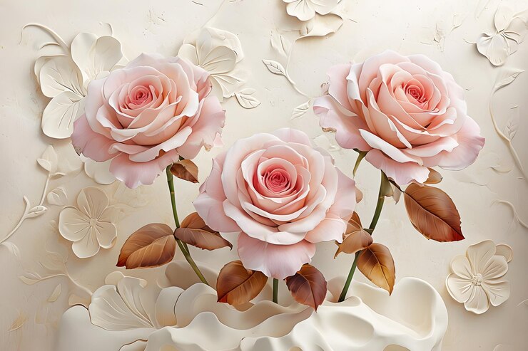 3D rosas rosas composição em fundo bege Rosas rosas em fundo abstrato 3D papel de parede floral