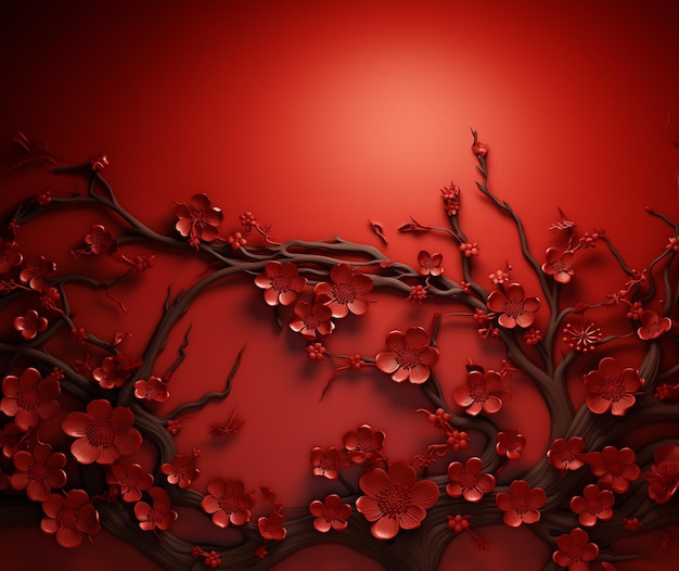 Foto 3d-rote blumen mit brach auf rotem hintergrund generativeai chinesischer stil