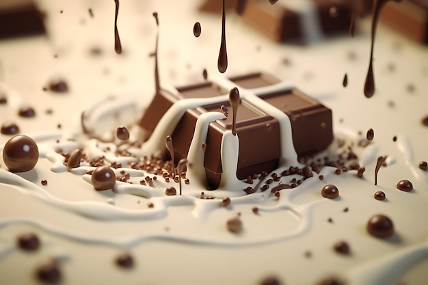 3d salpicos de chocolate derretido e leite com queda