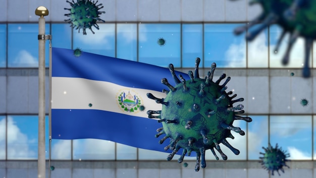 3D, salvadorianische Flagge, die mit moderner Wolkenkratzerstadt und Coronavirus 2019 nCov-Konzept weht. Asien-Ausbruch in Salvador, Coronaviren-Influenza als gefährliche Grippe-Stammfälle als Pandemie.