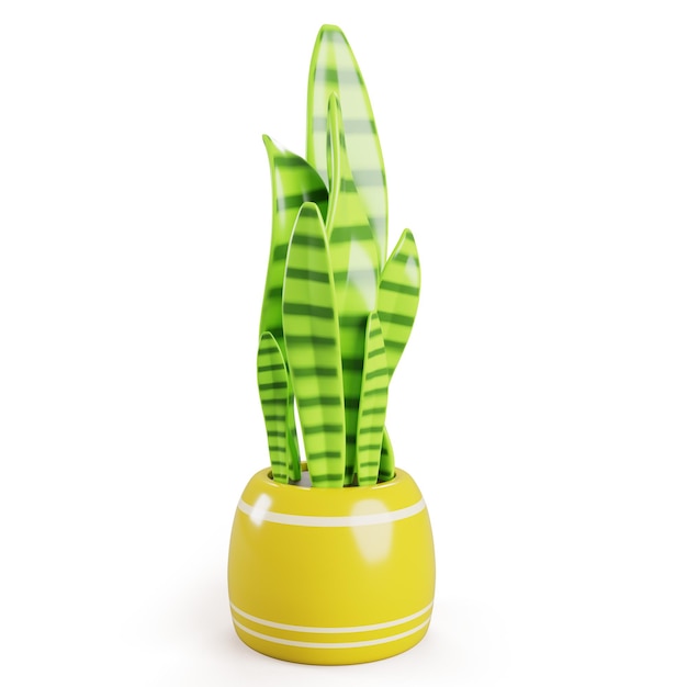 3d sansevieria planta de casa en maceta para decoración interior de casa u oficina Planta de serpiente dracaena trifasciata hojas verdes arbusto alto en maceta amarilla icono de renderización de dibujos animados aislado