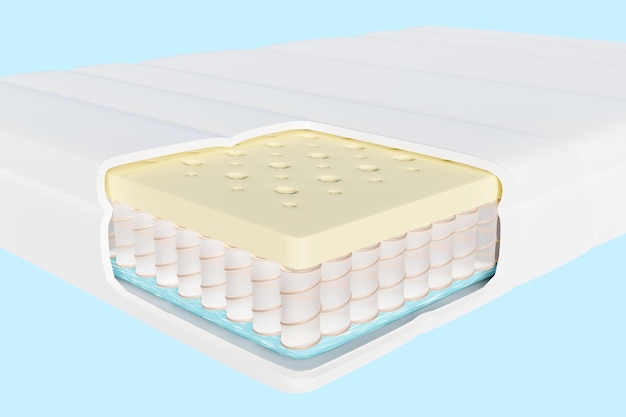3D-Schichtblatt-Matratze mit Luftstoff-Taschenfedern, natürlicher Latex-Speicherschaum, isoliert auf blauem Hintergrund 3D-Rendering-Illustration