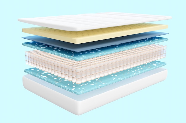 3D-Schichtblatt-Matratze mit Luftstoff-Taschenfedern, natürlicher Latex-Speicherschaum, isoliert auf blauem Hintergrund 3D-Rendering-Illustration