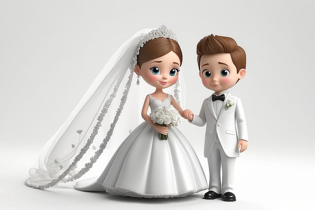 3D-Schmalvolk Hochzeit des Bräutigams und der Braut 3D-Bild Isolierter weißer Hintergrund