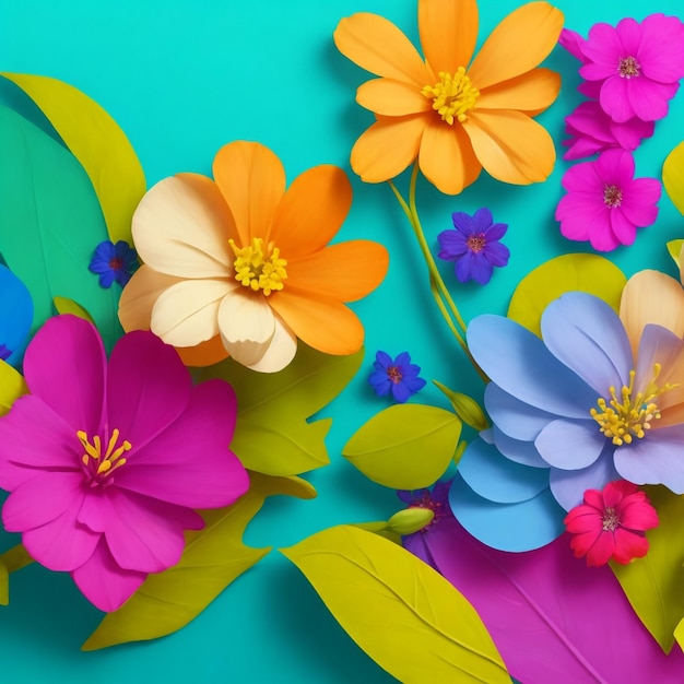 3D schöne bunte Frühlingsblumen und Blätter auf einem farbigen Hintergrund mit negativem Raum