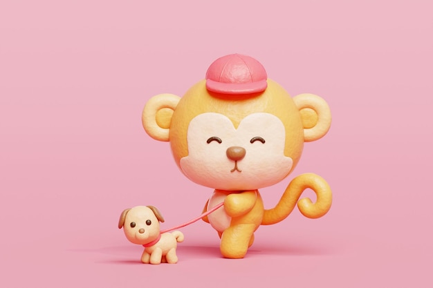 3D-schöner Affe geht mit Hund Cartoon-Tierfigur 3D-Rendering.