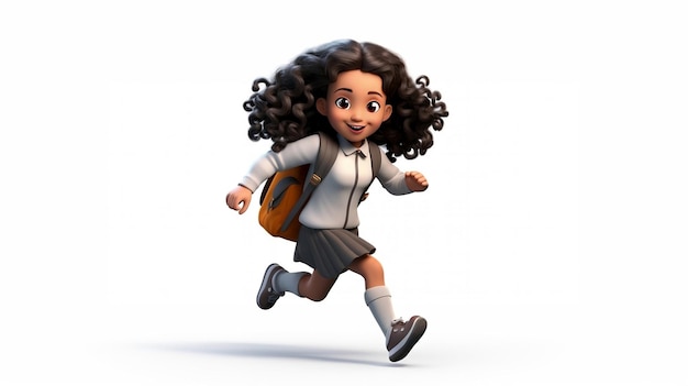 3D-Schülerin, schwarzes Mädchen mit Schultasche, glücklich zurück zur Schule