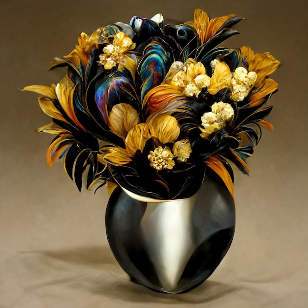 3D schwarze, goldene und silberne Vase und bunte Blumensträuße. digitale Kunstzeichnung für Wanddekoration