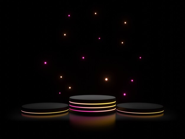 3D schwarzer Stand mit Farbverlauf Neonlichter dunklem Hintergrund