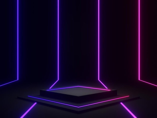 3D-schwarzes geometrisches Podium mit blauen und lila Neonlichtern