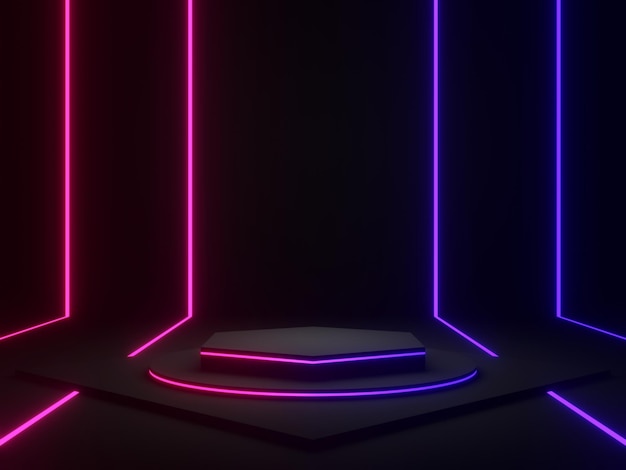3D-schwarzes geometrisches Podium mit blauen und lila Neonlichtern