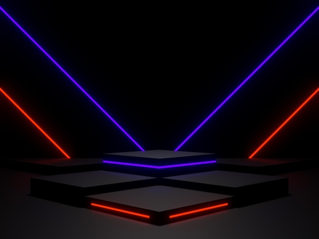 3D schwarzes geometrisches Podium mit weißen Neonlichtern wissenschaftliches Produktmodell