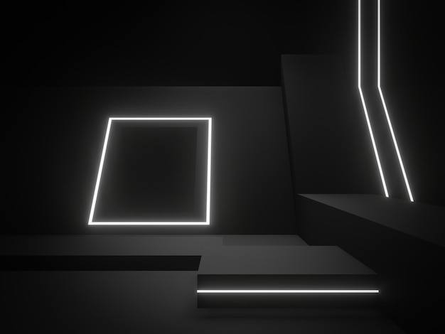 3D-schwarzes geometrisches Podium mit weißen Neonlichtern