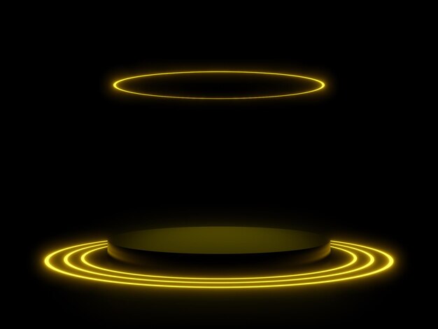3D schwarzes Podium mit gelben Kreisen Neonlichtern