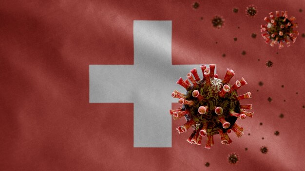 3D, Schweiz Flagge weht mit Coronavirus-Ausbruch, der das Atmungssystem als gefährliche Grippe infiziert. Influenza-Typ-Covid-19-Virus mit nationalem Schweizer Schablonen-Hintergrund.