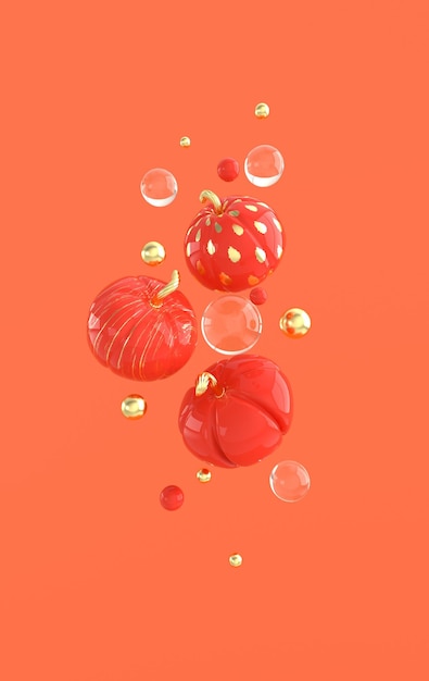 3D schwimmender Kürbishintergrund Minimales Konzept Weihnachtsdekoration goldener und roter Kürbis