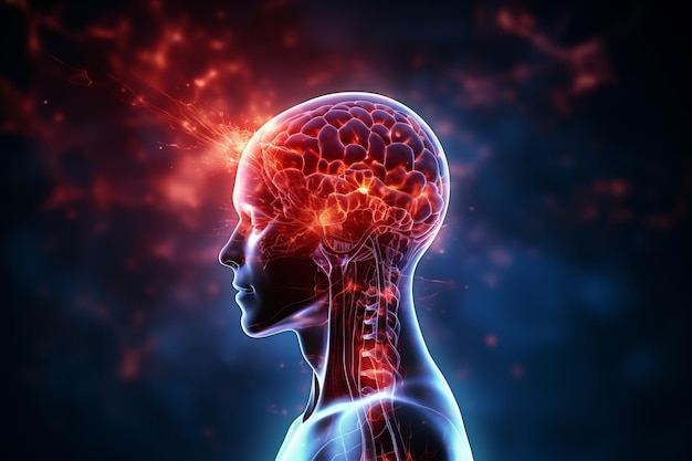 3D-Seitenbild des menschlichen Kopfes mit leuchtendem Gehirnnetzwerk elektrische Aktivität Blitze und Blitze auf schwarzem Hintergrund Denkprozess neuronale Verbindungen Geistesgesundheit Gehirnkrankheiten Konzept