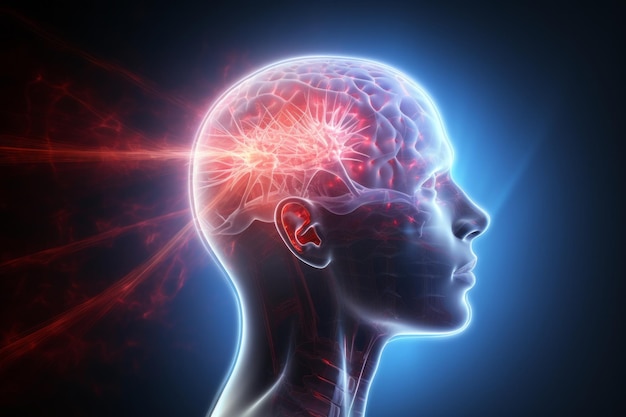 3D-Seitenbild des menschlichen Kopfes mit leuchtendem Gehirnnetzwerk elektrische Aktivität Blitze und Blitze auf schwarzem Hintergrund Denkprozess neuronale Verbindungen Geistesgesundheit Gehirnkrankheiten Konzept