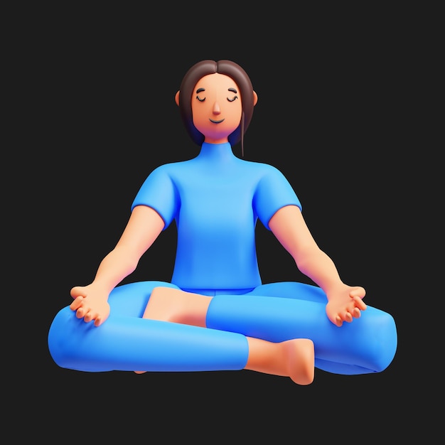 Foto 3d señorita haciendo meditación contra fondo negro