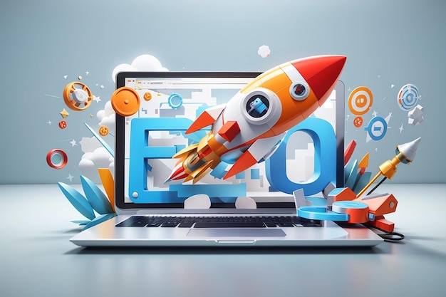 3D-SEO-Optimierung mit Rakete für Marketing-Social-Media-Konzeptschnittstelle für Webanalysestrategie und Forschungsplanung auf dem Laptop. 3D-SEO-Strategie-Vektorsymbol-Rendering-Illustration