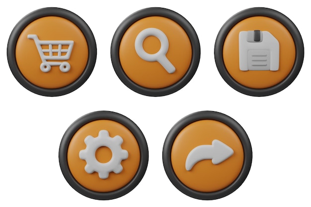 3D Set Button Icon Búsqueda guardar la configuración y compartir con el color naranja y el borde negro