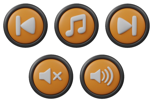 3D Set Button Icon Sonido de música encendido y apagado siguiente y de vuelta con color naranja y borde negro