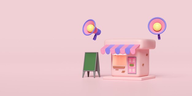 Foto 3d-shop-front mit megafon-handläufer grünes schild isoliert auf rosa hintergrund werbung online-shopping verkauf startup-franchise-geschäftskonzept 3d-rendering illustration ausschnittweg