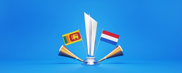3D-Silber-Gewinner-Trophäe mit Flaggen der teilnehmenden Länder von Sri Lanka VS Niederlande und goldene Vuvuzela auf blauem Hintergrund.