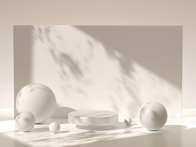 3D-Silber-Runddisplay-Podium mit geometrischen Kugeln auf Studio-beigem Hintergrund Mockup leere Bühnenplattform mit runden Kugeln und Astschatten für Produktanzeigen-Präsentation Kosmetik