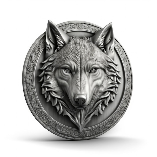 3D-Silbermedaillon-Emblem mit wolfsweißem Hintergrund Generative KI