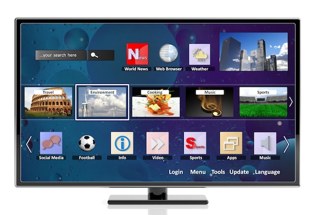 3D-Smart-TV mit Symbolen isoliert auf weißem Hintergrund