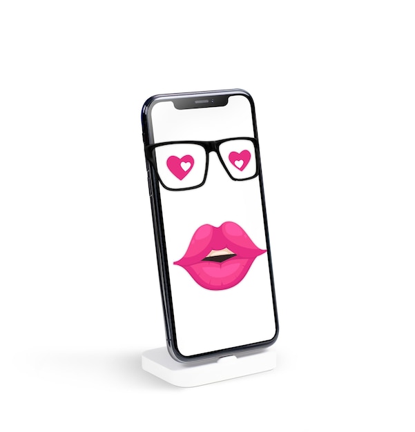 3D-Smartphone-Bildschirm-Mockup und Mangirl küssen Gesichtsausdruck mit Herz-Augen-Zeichnung