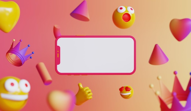 3D-Smartphone isoliert und Emoji mit rosa Hintergrund. Handy-Modellfoto