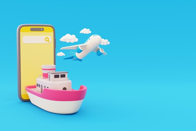 3D-Smartphone mit Boot und Flugzeug globaler Transport Tourismus- und Reisekonzept Urlaub Urlaub weltweite Reise Reise 3D-Rendering