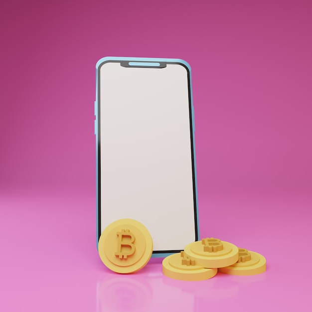 3D-Smartphone mit einem Haufen Bitcoins davor in rosafarbenem Hintergrund