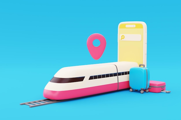 3D-Smartphone mit Hochgeschwindigkeitszug und Koffer auf blauem Hintergrund globaler Transport Tourismus- und Reisekonzept Urlaub Urlaub weltweit Reise Reise 3D-Rendering