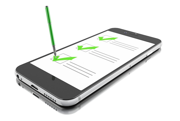 Foto 3d smartphone mit marker und checkliste. online-fragebogen