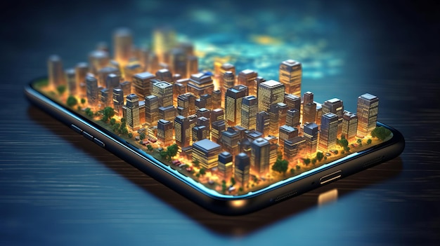 3D-Smartphone mit Stadt auf dem Bildschirm. Generative KI