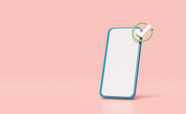 3D-Smartphone-Mobiltelefon mit Tickzeichen, Tick-Symbole, isoliert auf rosa Hintergrund, minimalistisches Konzept, 3D-Rendering-Illustration, Ausschnittsweg