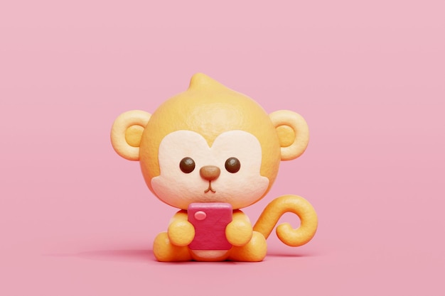 3D-Söt-Affen beobachten auf Smartphone Cartoon-Tierfigur 3D-Rendering