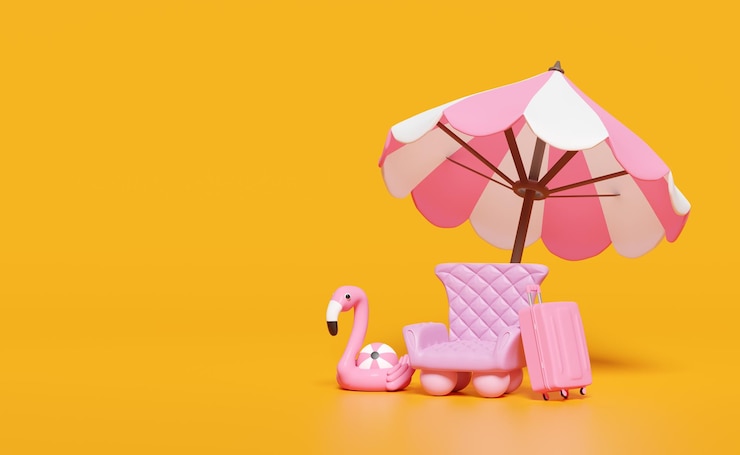 Foto 3d sofá cadeira rosa com mala guarda-chuva ou guarda-sol flamingo inflável isolado em fundo laranja conceito de viagem de verão 3d render ilustração