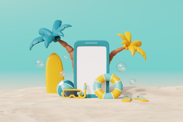 Foto 3d-sommer tropischer sandstrand an einem sonnigen tag mit smartphone-kokospalmen und sommerelemente 3d-rendering