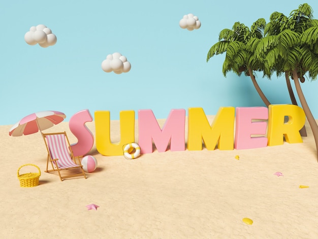 3d Sommertextfahnenentwurf mit tropischen Strandelementen. Sommerferienkonzept.