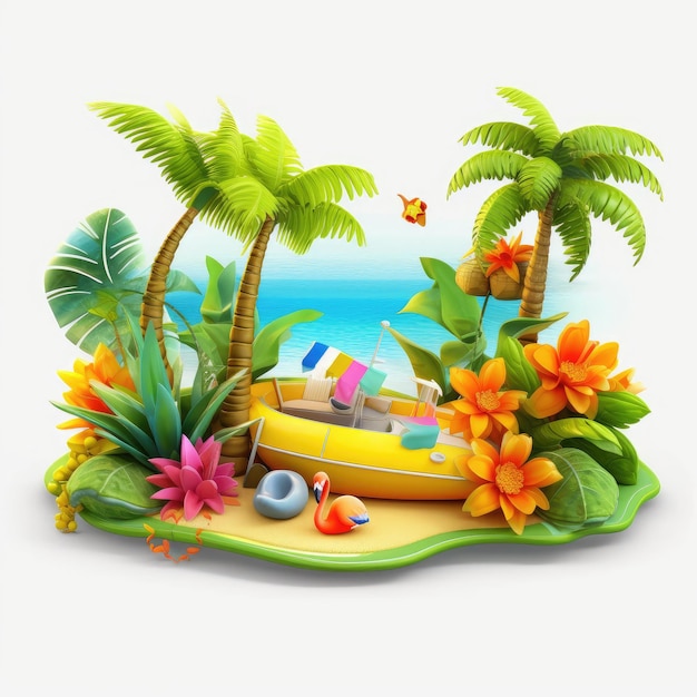 3D-Sommerurlaub auf weißem Hintergrund